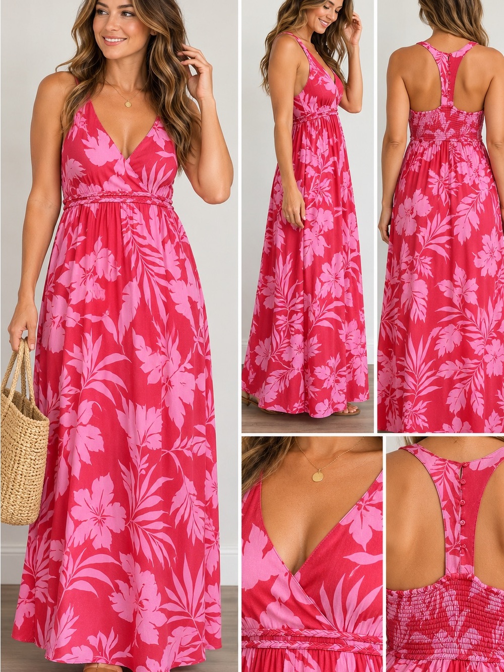 Japna M Pink Red Tropical Floral Racerback Maxi Dress 100% Cotton Boho Resort